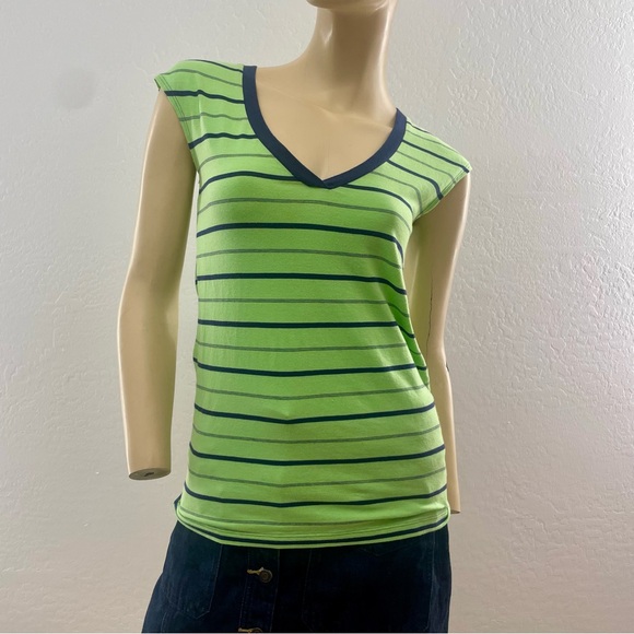 Theory- bright green and blue striped v neck tank- small - Picture 6 of 12